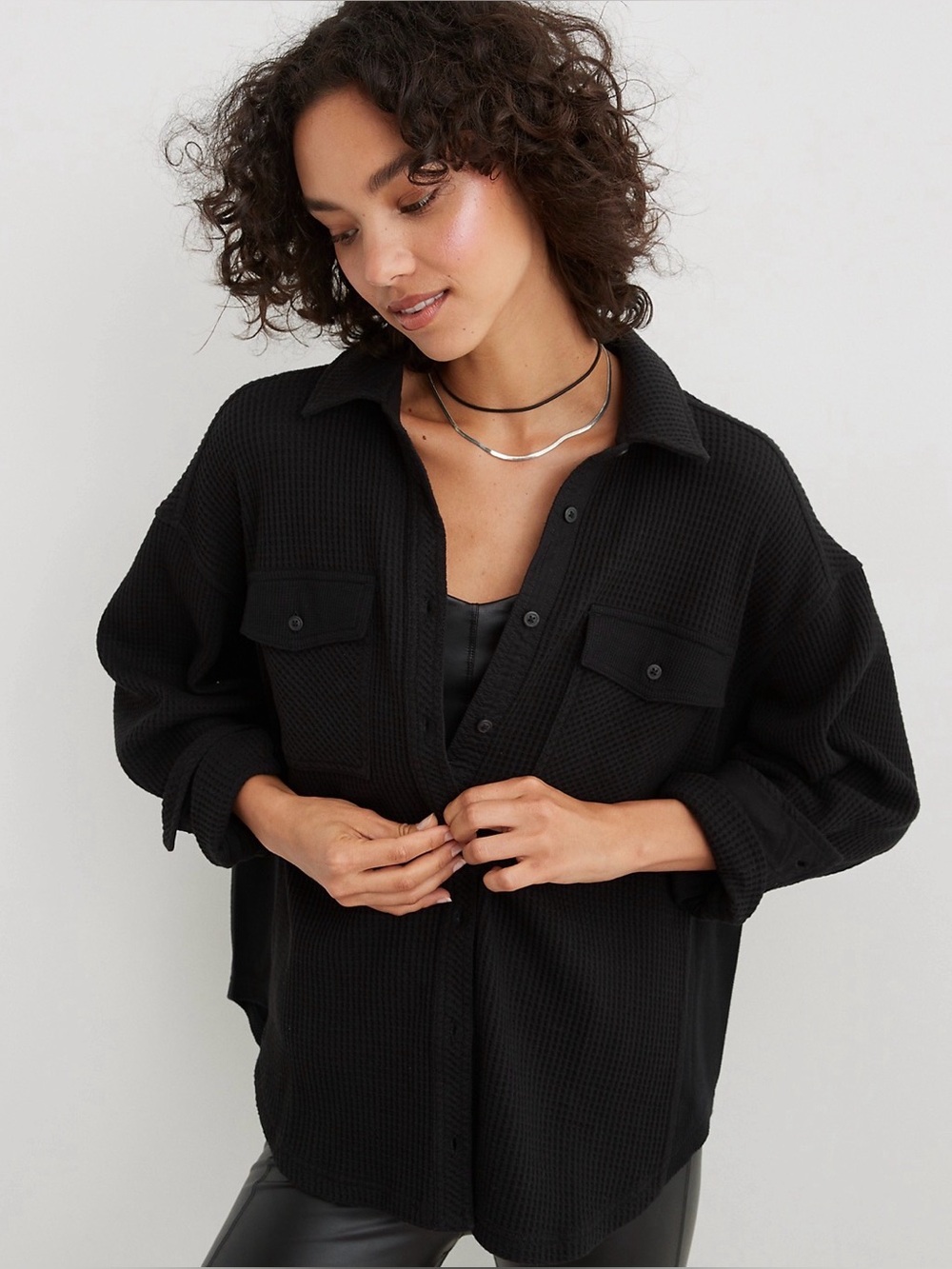 aerie Black Waffle-Knit Utility Jacket